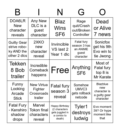 EVO 2026 Bingo Card