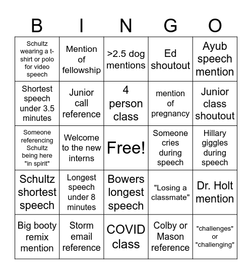 Graduation Bingo Card