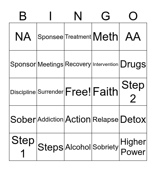 Recovery Bingo Card