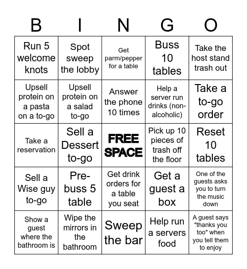 Crust Host Bingo Card