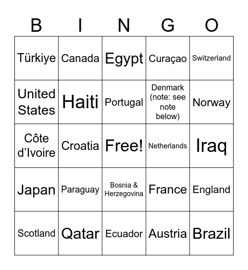 World Cup Bingo Card