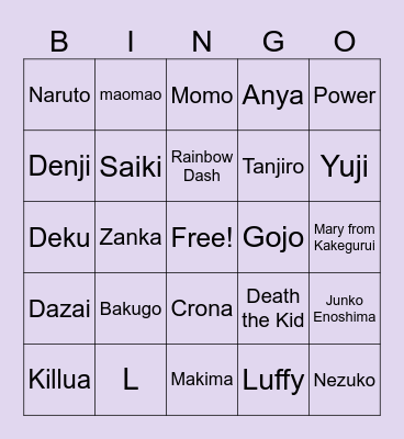Big Charlotte Anime Characters Bingo Card