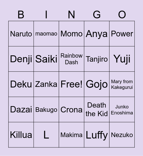 Big Charlotte Anime Characters Bingo Card