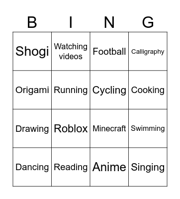 Hobbies Bingo Card