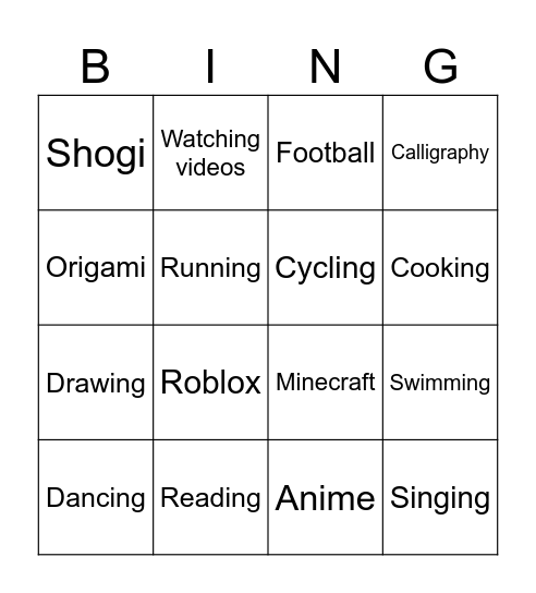 Hobbies Bingo Card