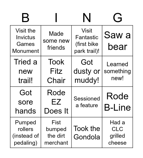 Bike Park Bingo Card