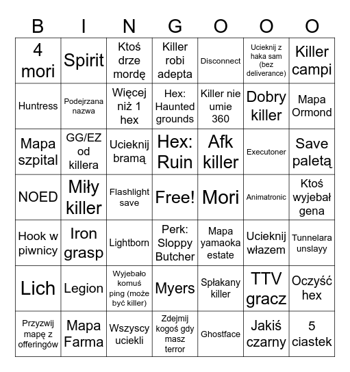 DBD Bingo Card