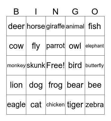 ASL Animal Bingo Card