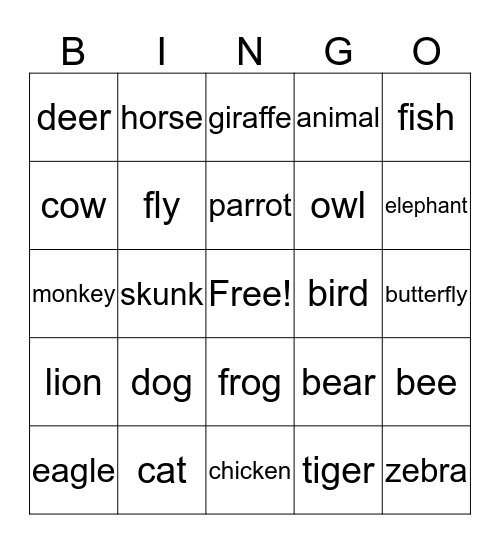 ASL Animal Bingo Card