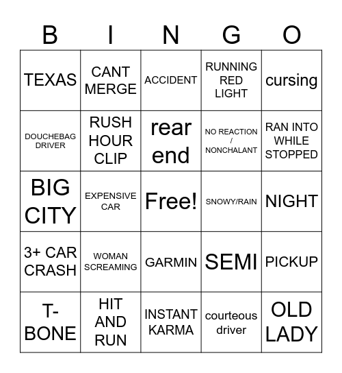IDIOTS IN CARS Bingo Card