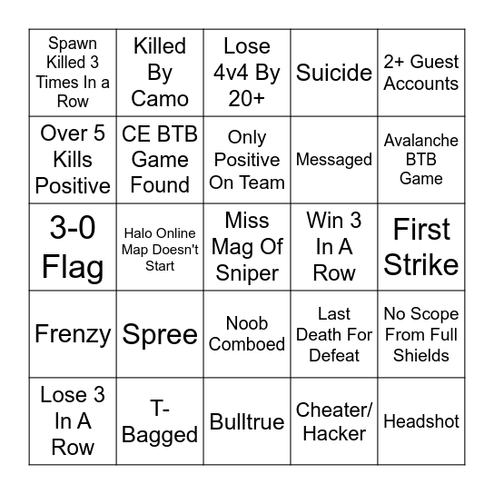 Halo Multiplayer Bingo Card