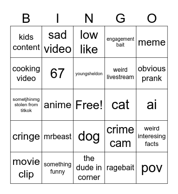 YOUTUBE SHORTS BINGO Card