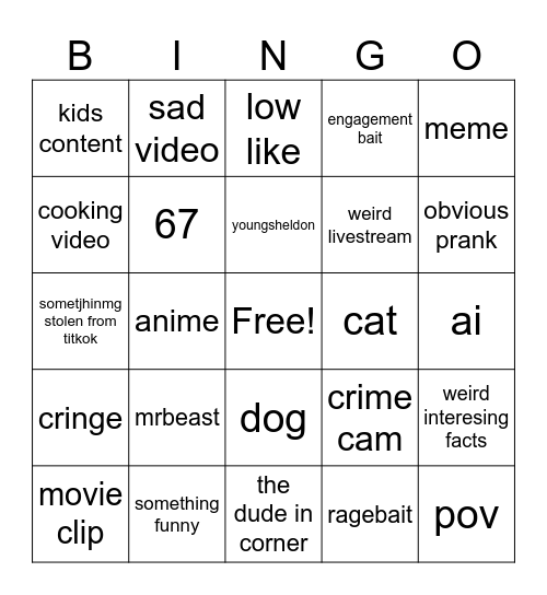YOUTUBE SHORTS BINGO Card