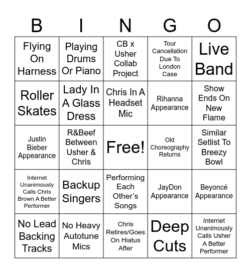 R&B Tour Predictions Bingo Card