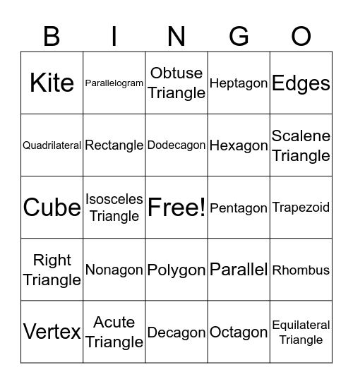 Geometry Bingo Card