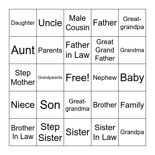 ASL Family Vocabulary Bingo Card