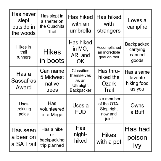 HIKER BINGO - Find Someone Who: Bingo Card