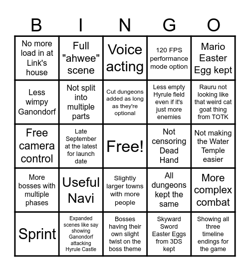 OOT REMAKE Bingo Card