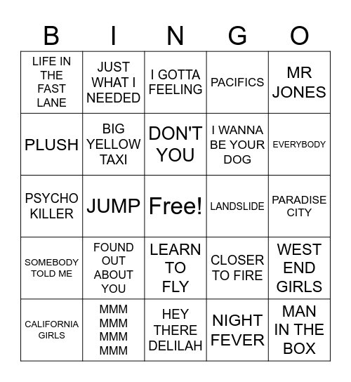 Bands that ends in S Bingo Card