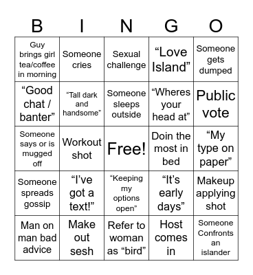Love Island Bingo Card