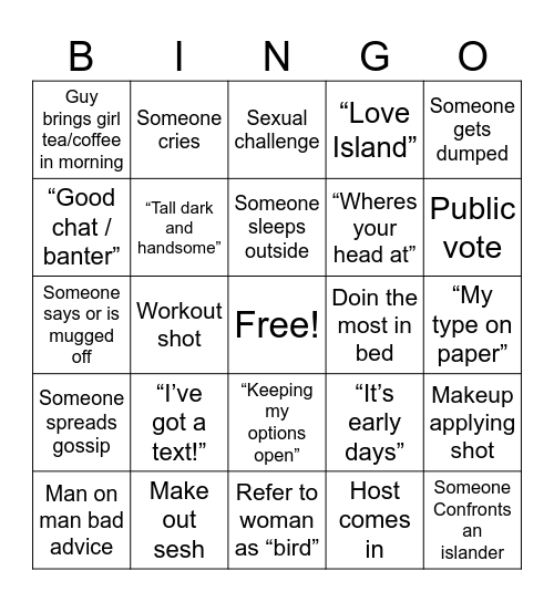 Love Island Bingo Card