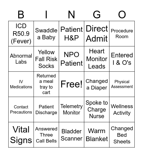 Pediatric Nursing Bingo Card