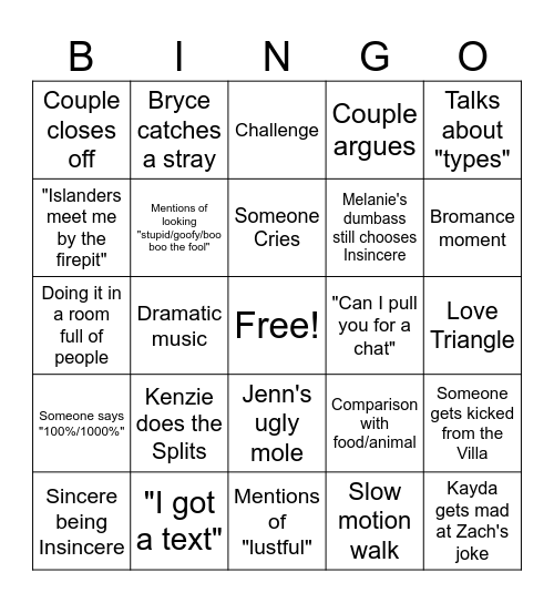 Love Island Bingo Card