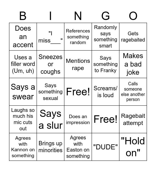 Gabe Bingo Card