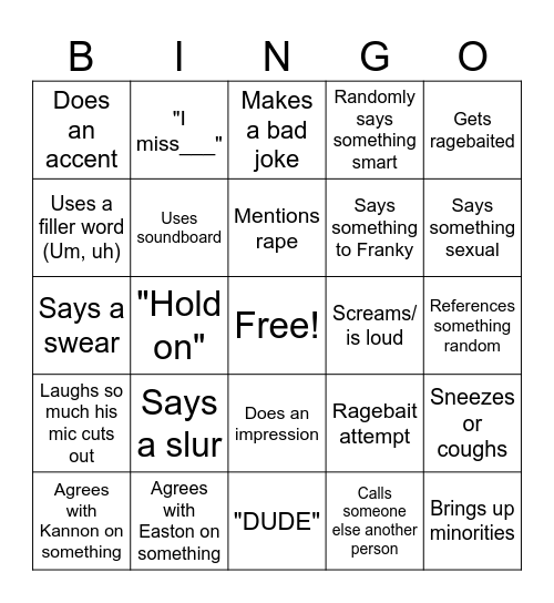 Gabe Bingo Card