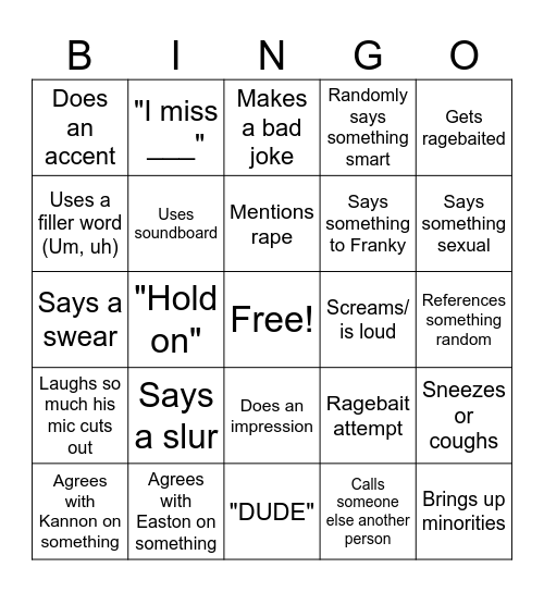 Gabe Bingo Card