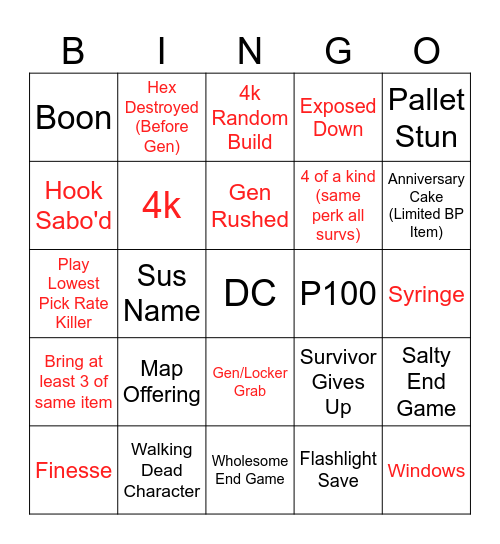 Dead by Daylight (1) Bingo Card