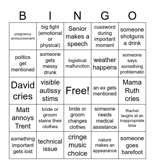 Wellman Wedding Bingo Card