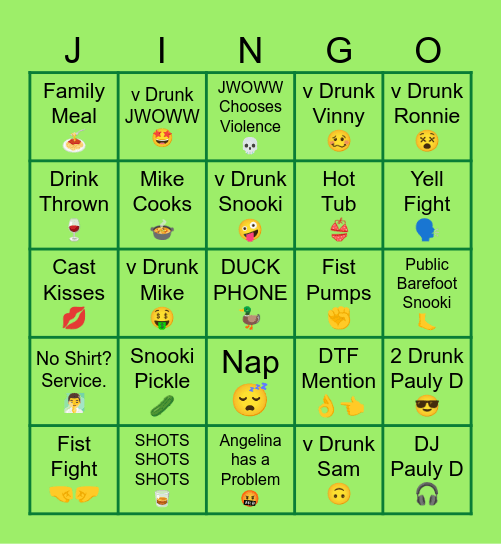 Jersey Shore Bingo Card