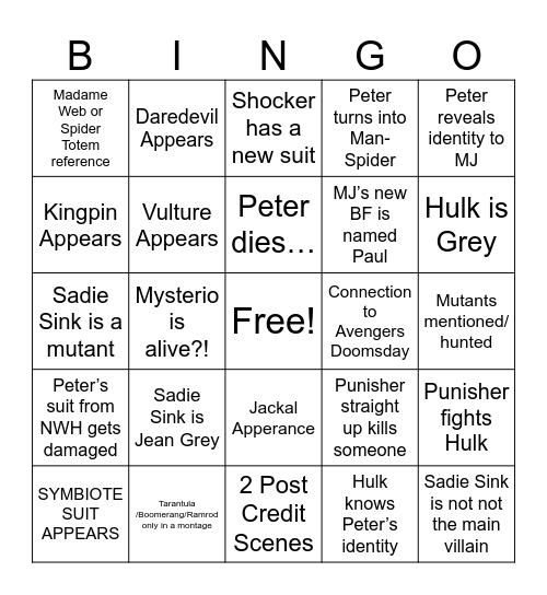 Spider-Man: Brand New Day Bingo Card