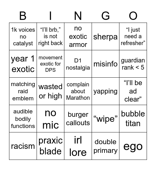 Destiny Bingo Card