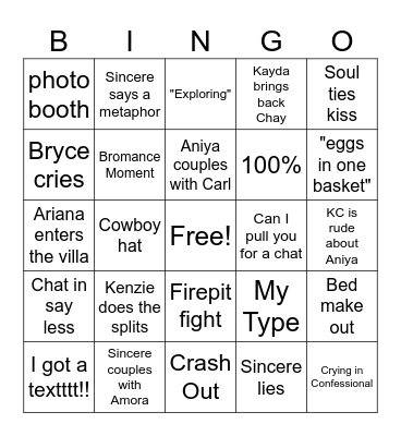Love Island CASA AMOR Bingo Card