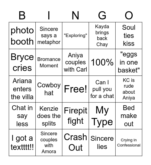 Love Island CASA AMOR Bingo Card