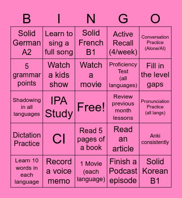 Languages in a Month - July Bingo Card