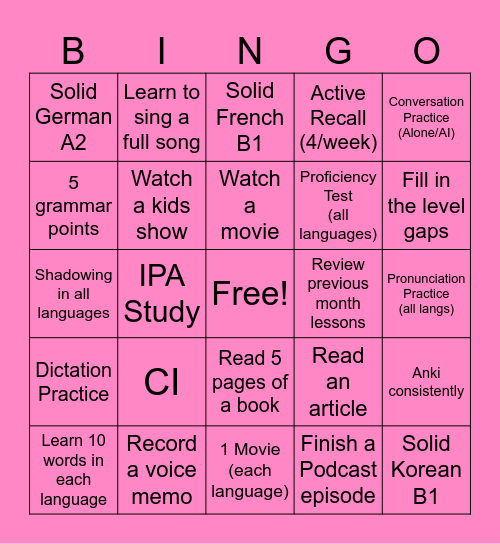 Languages in a Month - July Bingo Card