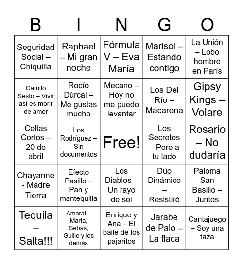 Mix Bingo Musical Bingo Card