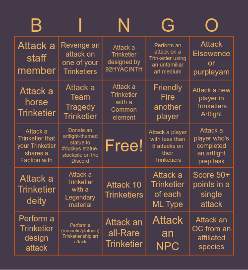 Trinketiers Artfight Bingo Card