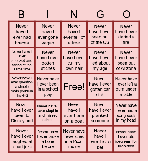 Never Have I Ever Bingo Card