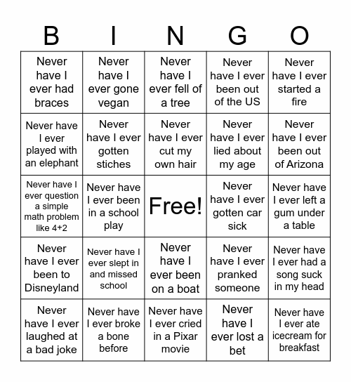 Never Have I Ever Bingo Card