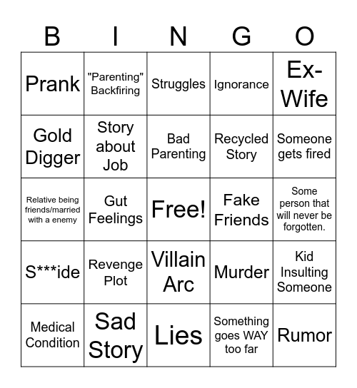 Reddit AI Youtube Shorts Story Bingo Card
