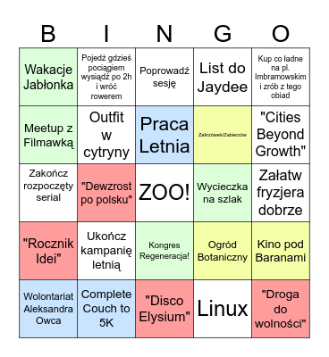 Letnia lista wiadrowa Bingo Card