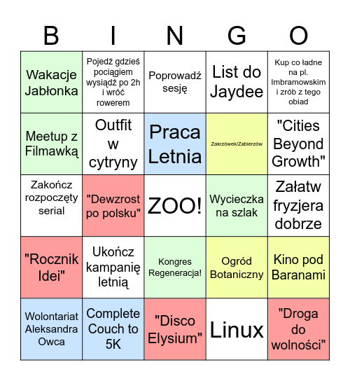 Letnia lista wiadrowa Bingo Card