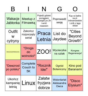 Letnia lista wiadrowa Bingo Card