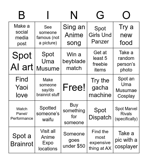 Waifu Wars 2026 Bingo Card