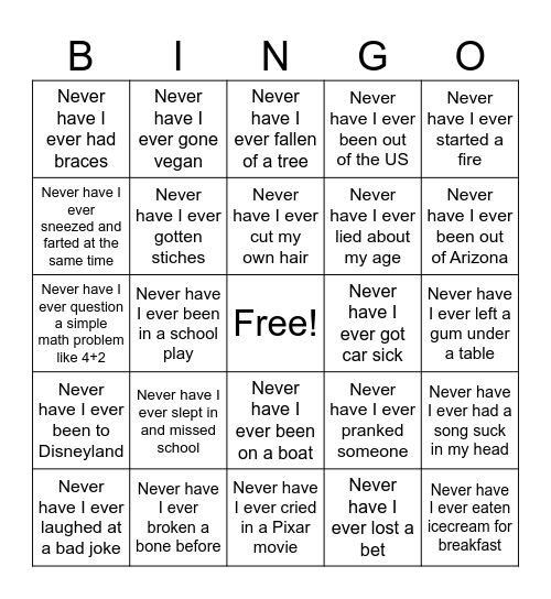 Never Have I Ever Bingo Card
