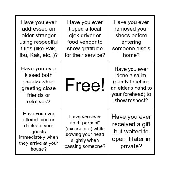 Customs Bingo Card